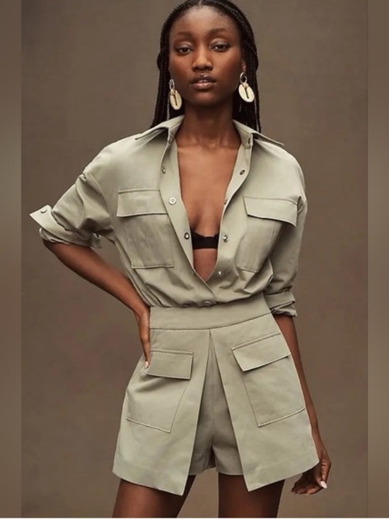 ANTHROPOLOGIE MARE MARE Long-Sleeve Utility Romper in moss